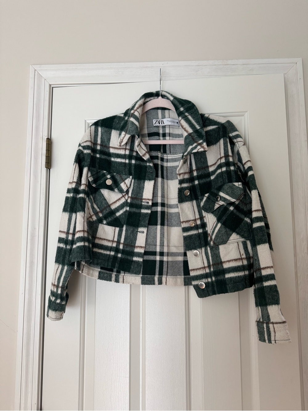 Zara Green and Cream Plaid Cropped Jacket